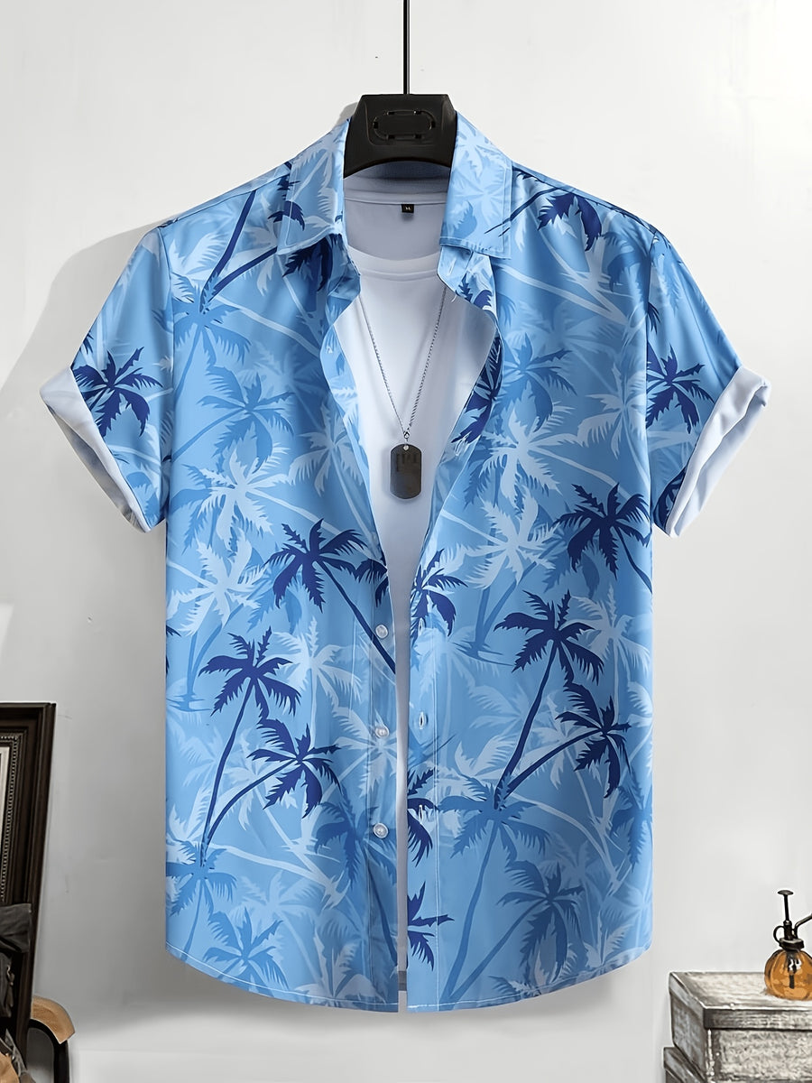 Men'S Casual Coconut Tree Print Short-Sleeved Shirt, Beach Shirt, Men'S Tropical Shirt, Men'S Summer Shirt, Tropical Shirt, Men'S Palm Tree Shirt, Blue Hawaiian Shirt, Men'S Hawaiian Print Shirt - Sky Blue