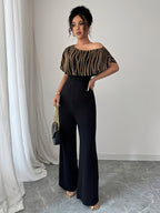 Women'S Golden Foil Patchwork Off-Shoulder Jumpsuit - Black
