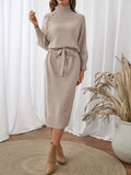 Autumn/Winter Half-Turtleneck Metal Button Dress with Tie-Waist for a Fit, Midi-Length Sweater Dress, Elegant and Versatile Commuter Maxi Dress, Designer-Inspired Niche Long-Sleeve Dress - Apricot