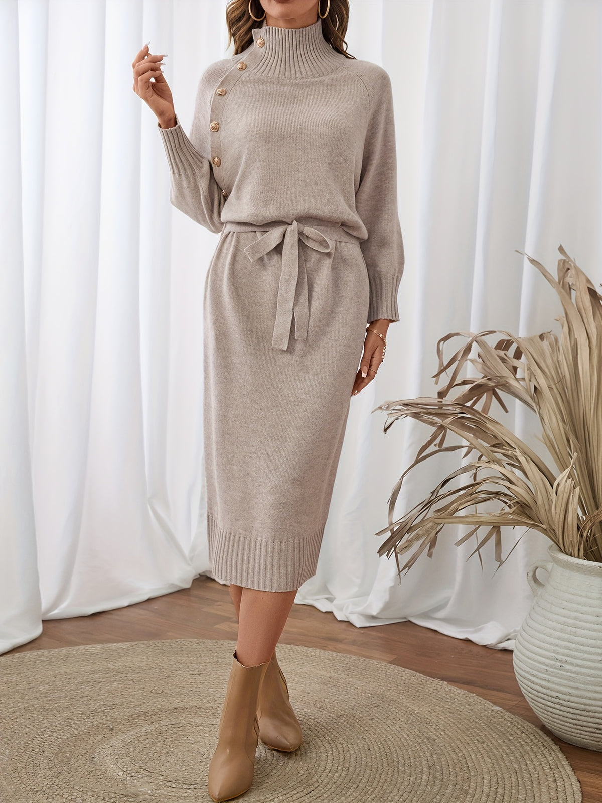 Autumn/Winter Half-Turtleneck Metal Button Dress with Tie-Waist for a Fit, Midi-Length Sweater Dress, Elegant and Versatile Commuter Maxi Dress, Designer-Inspired Niche Long-Sleeve Dress - Apricot