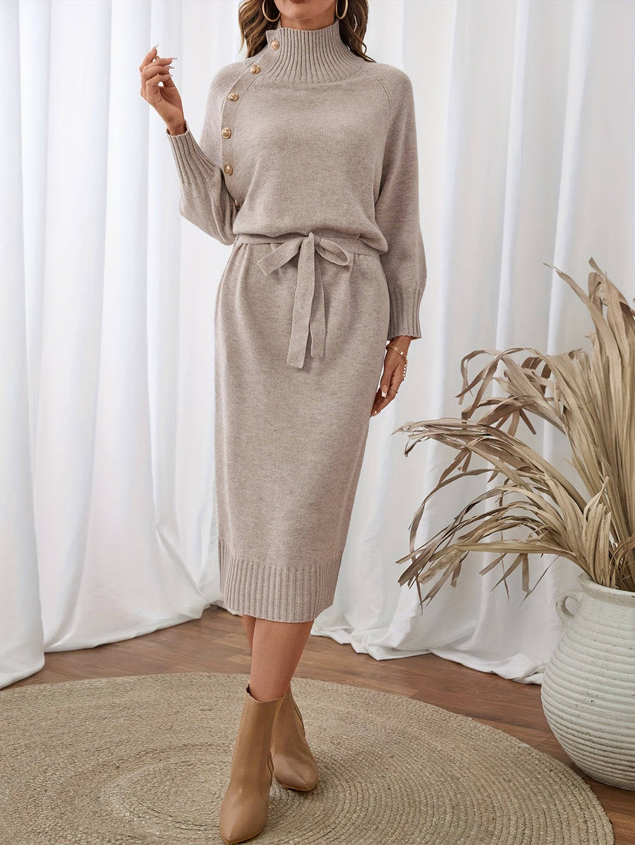 Autumn/Winter Half-Turtleneck Metal Button Dress with Tie-Waist for a Fit, Midi-Length Sweater Dress, Elegant and Versatile Commuter Maxi Dress, Designer-Inspired Niche Long-Sleeve Dress - Apricot