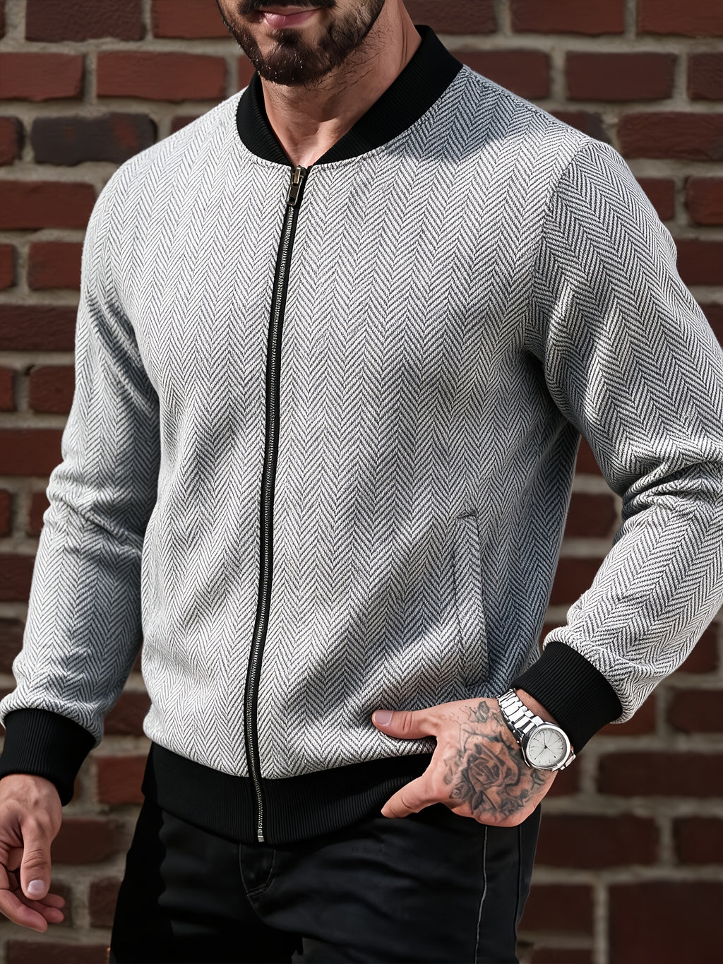 Pearson OBM Spring/Autumn Men's Stand Collar Zipper Casual Jacket, Simple and Versatile Style with Herringbone Texture and Ribbed Hem, Office Worker's Daily Outing Casual Versatile Men's Outerwear - White