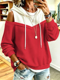 Waffle Colorblock Sweatshirt for Women, Off-Shoulder Design, Loose Fit, Contrast Color Hooded Sweatshirt, Elegant, Casual, and Simple - Fashionable and Versatile - Red With White A