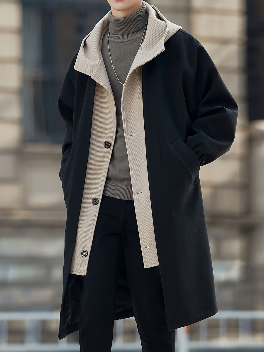 New Winter Men'S Mid-Length Fake Two-Piece Color-Block Windbreaker Jacket Men'S Double-Breasted Hooded Coat - Black