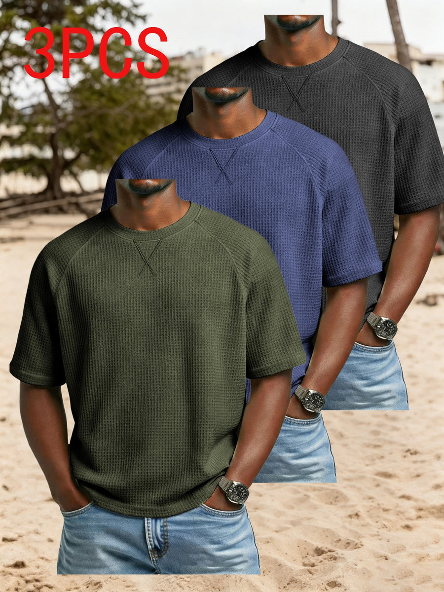 3pcs Set Men'S Waffle Knit Short-Sleeve T-Shirts, Lightweight And Breathable Crew Neck Tops. Suitable for Daily Casual Wear, Summer Vacations And Outdoor Activities. Loose Cut, Soft And Comfortable Fabric, Versatile Daily Fashion Style - Army Green + Navy Blue + Black