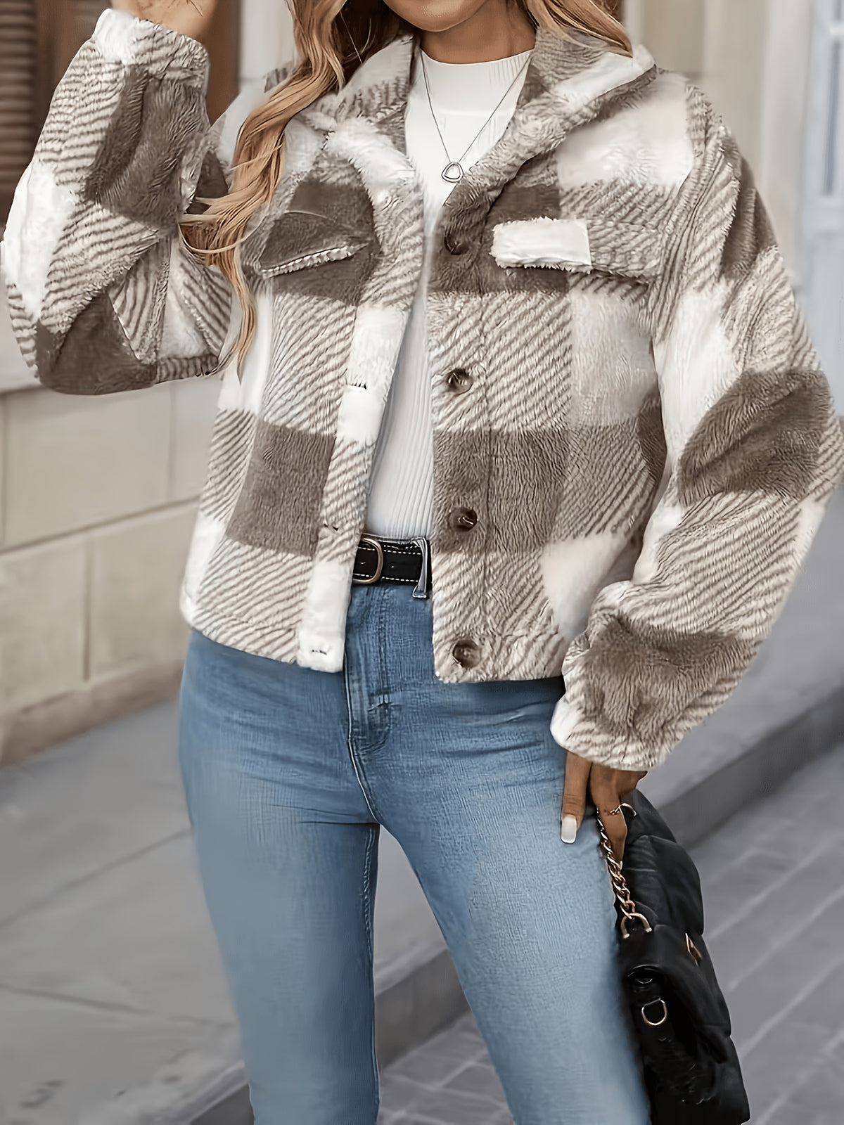 +2025 Autumn/Winter Women's Three-Color Buffalo Plaid Print Short Jacket, Elegant Button-Up Short Faux Coat for Women - Khaki