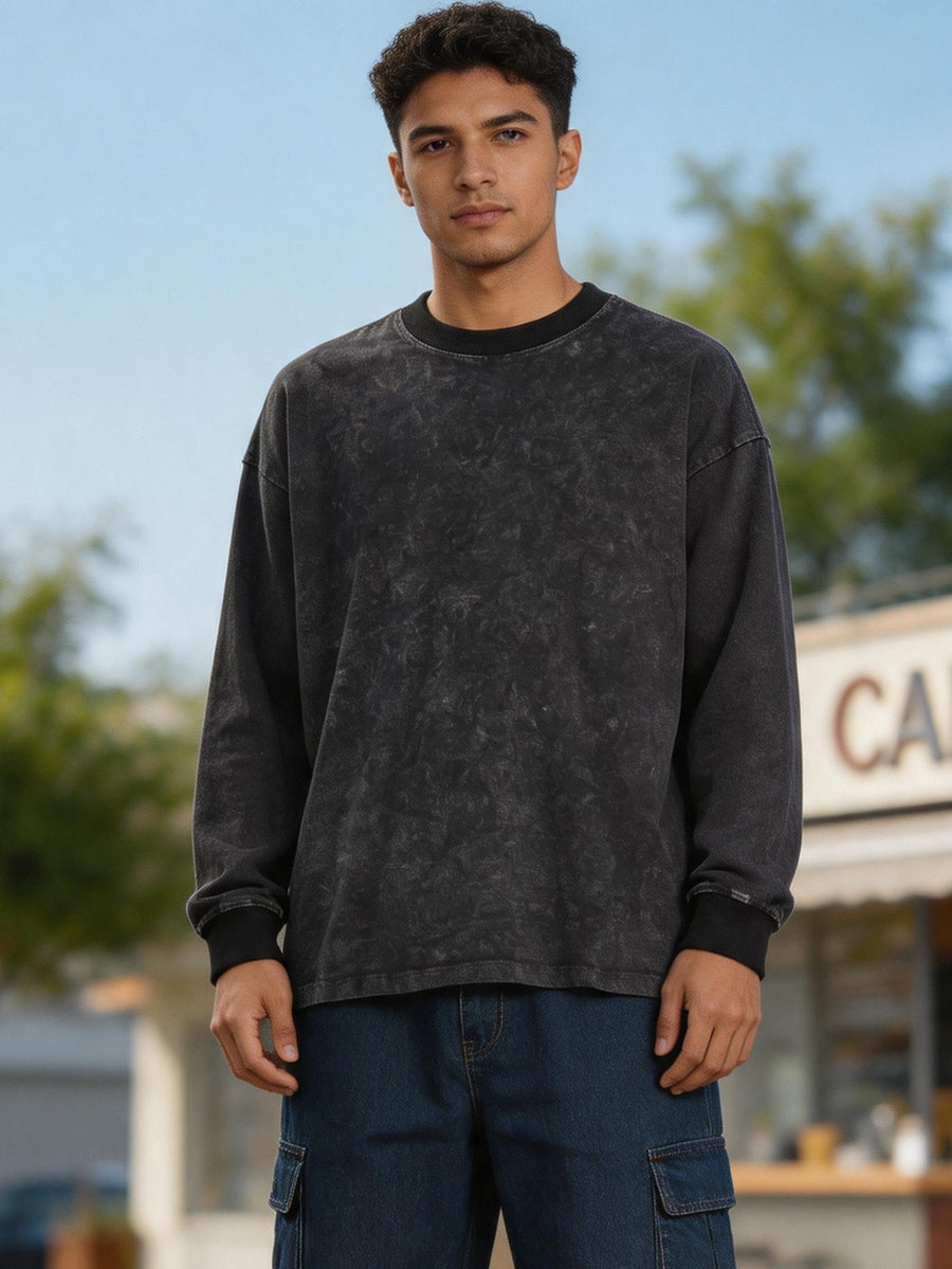 American Retro 3pcs Set Washed Distressed Pure Long Sleeve T-Shirt Loose Casual Unisex Round Neck Base Layer Spring Autumn Couple All-Match Multi-Color Long Sleeve Top - Gray Khaki Black