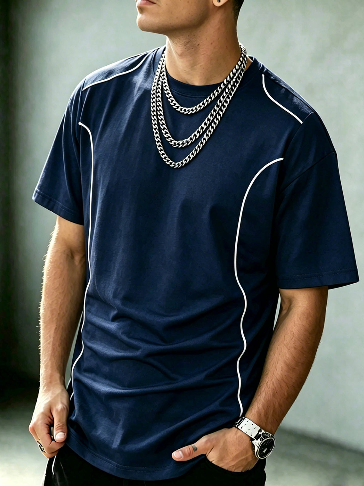 1 Men's Sporty Line Art Solid Color Short-Sleeve T-Shirt, Lightweight, Wear-Resistant, Anti-Pilling Street Style T-Shirt, 100% Polyester Fiber Quick-Drying, Breathable, Stretchy Short-Sleeve Top, Suitable for the Gym, Daily Outings, and Versatile - Navy Color
