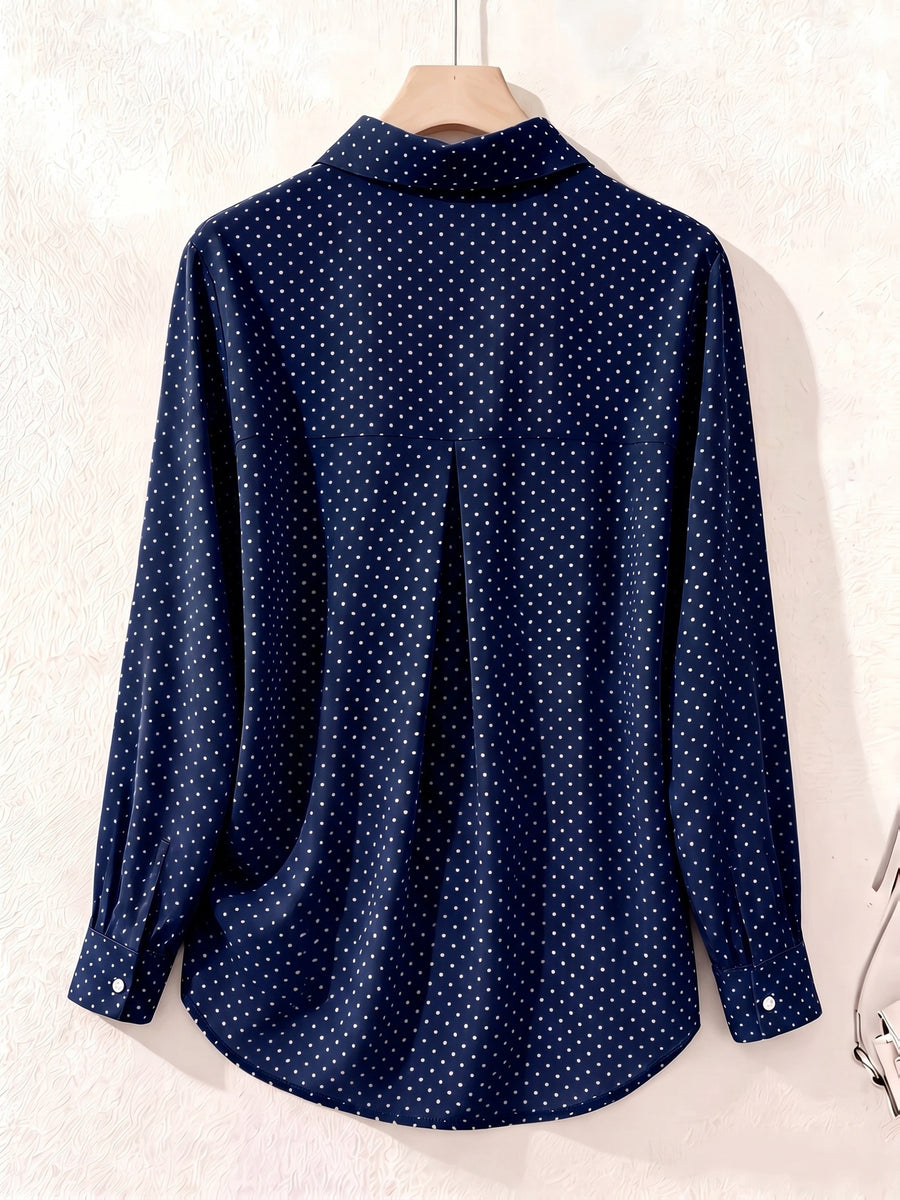 Elegant Fashion Single-Button Women'S Spring Autumn Long Sleeve Polka Dot Shirt - Navy Color