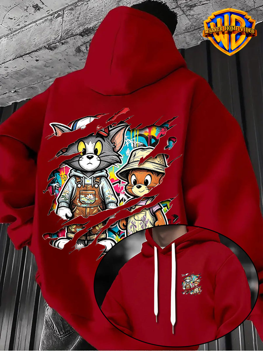 Warner Bros Official 1pc Vintage Painted Cartoon Character Trendy Casual Hoodie - Men's Fashion Hoodie, Adjustable Drawstring Loose and Comfortable Sweatshirt, Suitable for Daily and Outdoor Sports Wear, the Perfect Choice for Warmth in Autumn - Red