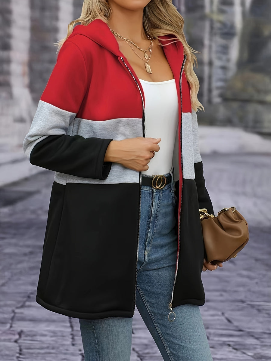 Women's Elegant Contrast Color Fleece Thickened Hooded Cardigan - Full Zip Hooded Jacket Full-Length Zip Closure, Pink/Gray/Black - Contrast Color Design, Machine Washable Autumn Winter Sweater, Soft Texture, Warm Outerwear for Autumn Winter, Office - Red