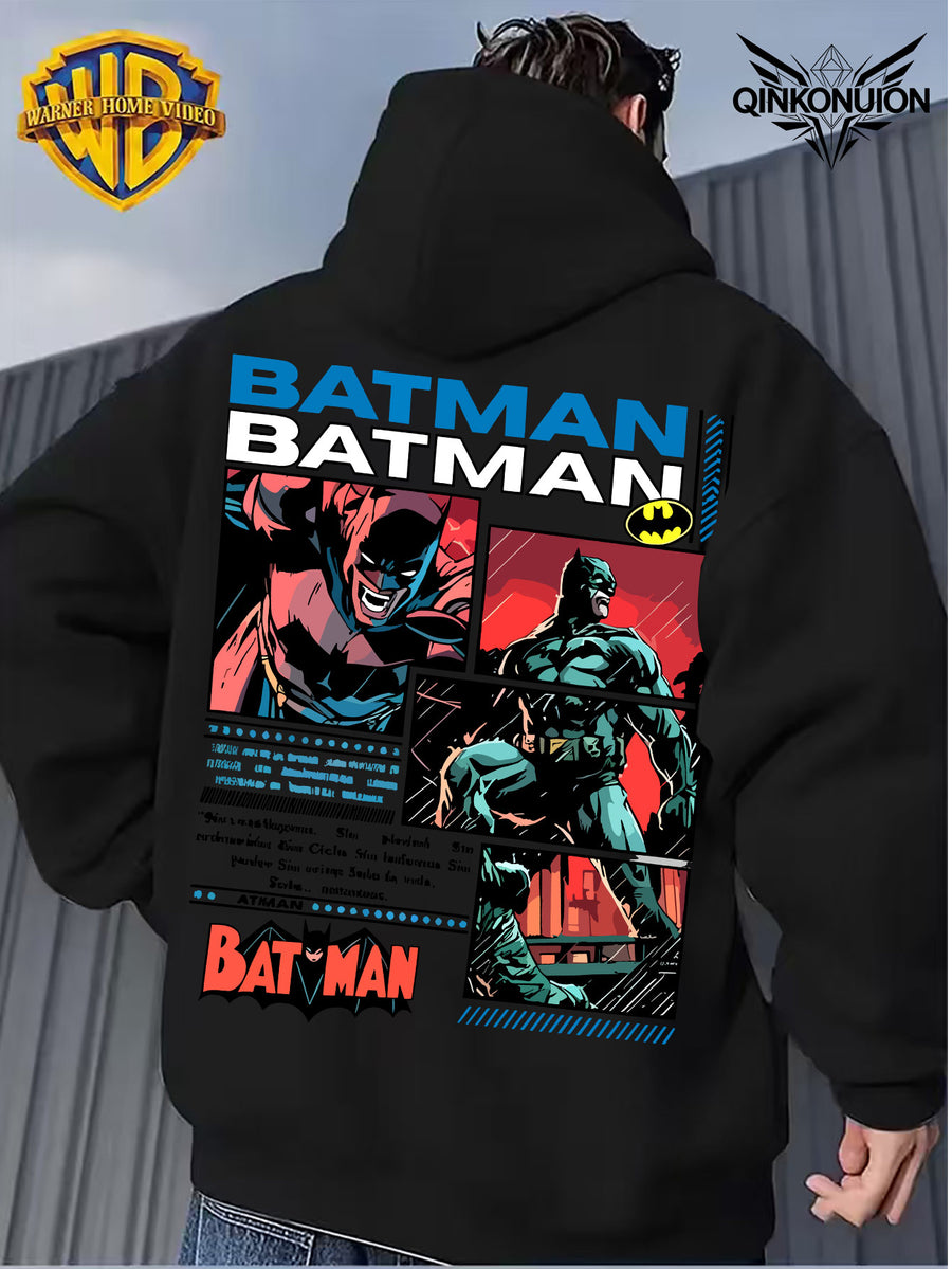 Warner Official Men'S Retro Comic Style Batman Hot-Blooded Trendy Printed Drawstring Hoodie, Warm And Machine Washable for Autumn And Winter, Multifunctional Street Sports And Leisure Loose Edition - Black