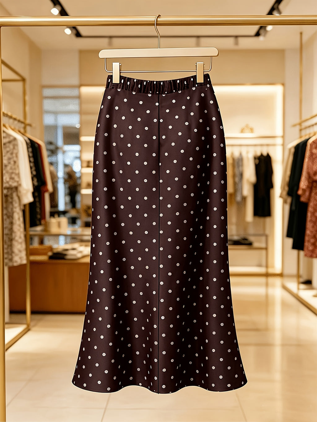 French-Style Polka Dot Mermaid Skirt for Women, High-Waist Hip-Covering 9-Inch Hem Skirt, Spring/Summer Commuter Flowy Long Skirt - Coffee Brown