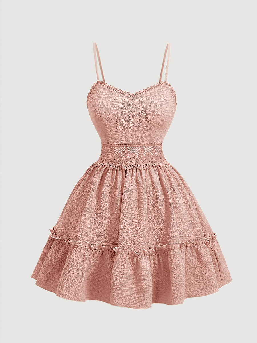 Elegant V-neck Lace-Trimmed Strap Dress | Solid Color, Contrast Lace Details, Suitable for Spring/Summer/Fall, for Adults - Pink