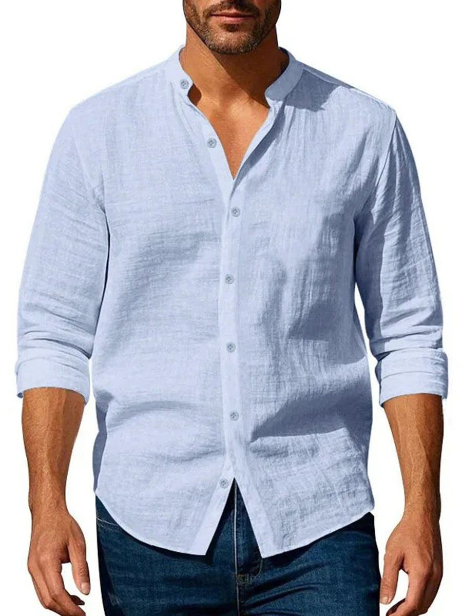 Men'S Casual Shirt Spring Summer Solid Color Dress Shirt Stand Collar Casual Lightweight Shirt Men'S Top - Sky Blue