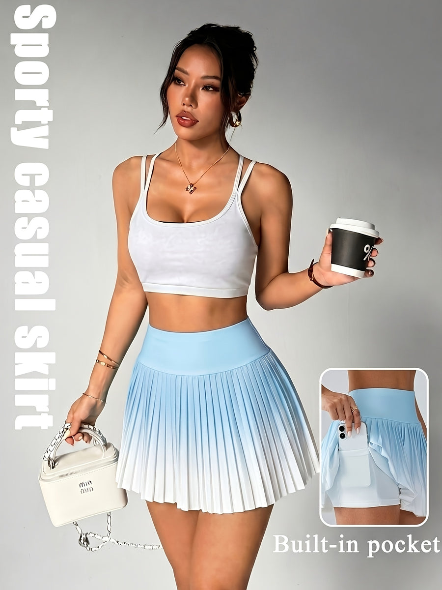 Women'S Casual High-Waisted Gradient Pleated Tennis Skirt Anti-Exposure A-Line Sports Skirt Pants with Pockets - Light Blue