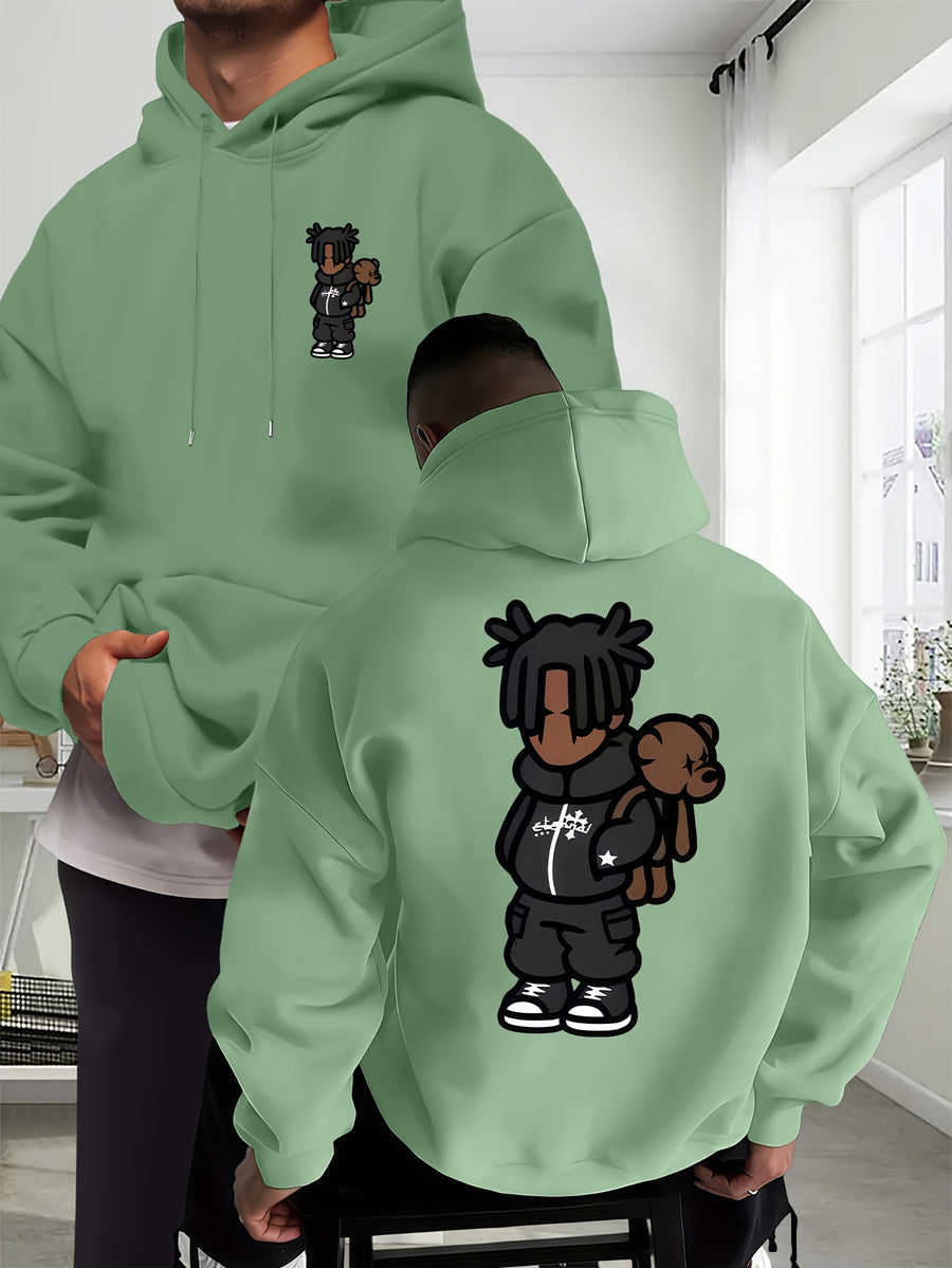 Cartoon Men's New Trendy Autumn Winter Hoodie, Casual Daily Drawstring Hooded Sweatshirt with Creative Design Print, Front Kangaroo Pocket, Unisex Top - Light Green