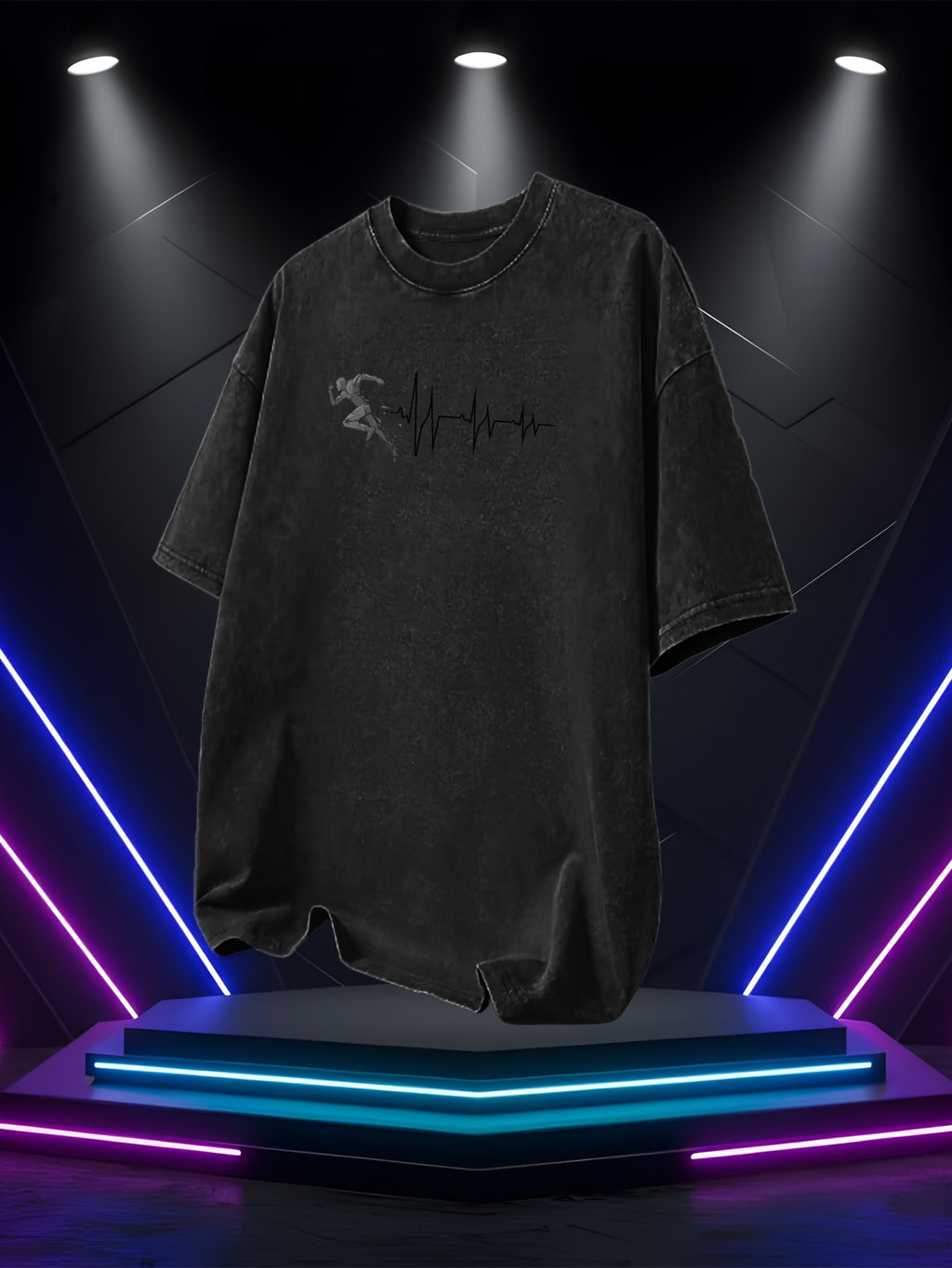 Men's Washed Short-Sleeve T-Shirt, Made of Pure Cotton Fabric That Is Breathable and Skin-friendly. The Relaxed Fit Is Comfortable and Versatile. Features a Creative Print of a Runner on the Front + EKG, Combining Athletic Passion with the Rhythm - Black