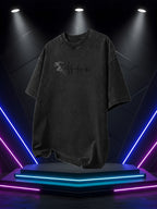 Men's Washed Short-Sleeve T-Shirt, Made of Pure Cotton Fabric That Is Breathable and Skin-friendly. The Relaxed Fit Is Comfortable and Versatile. Features a Creative Print of a Runner on the Front + EKG, Combining Athletic Passion with the Rhythm - Black