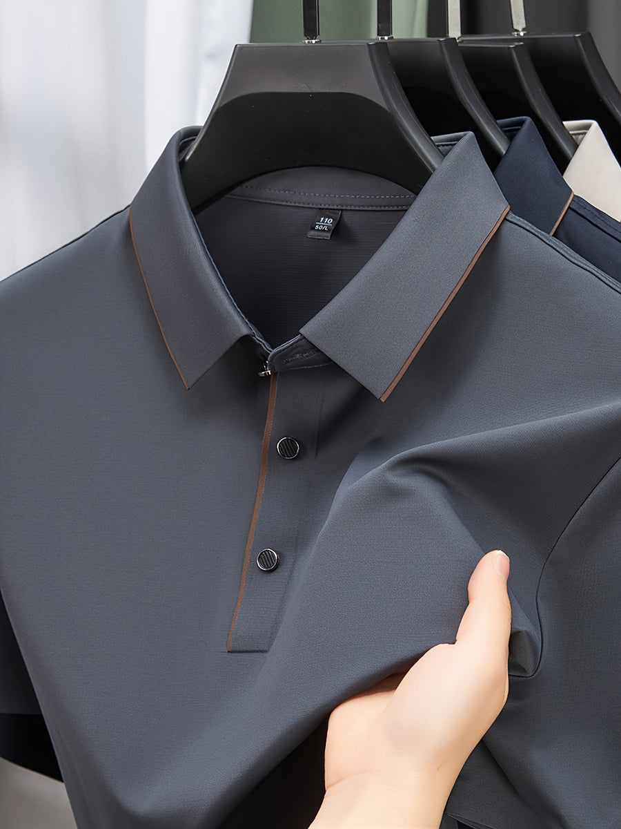 [Shule Water OBM] Summer New Men'S Casual T-Shirt Polo Shirt Mid-Age Solid Color Lapel Short Sleeve Seamless T-Shirt - Grey