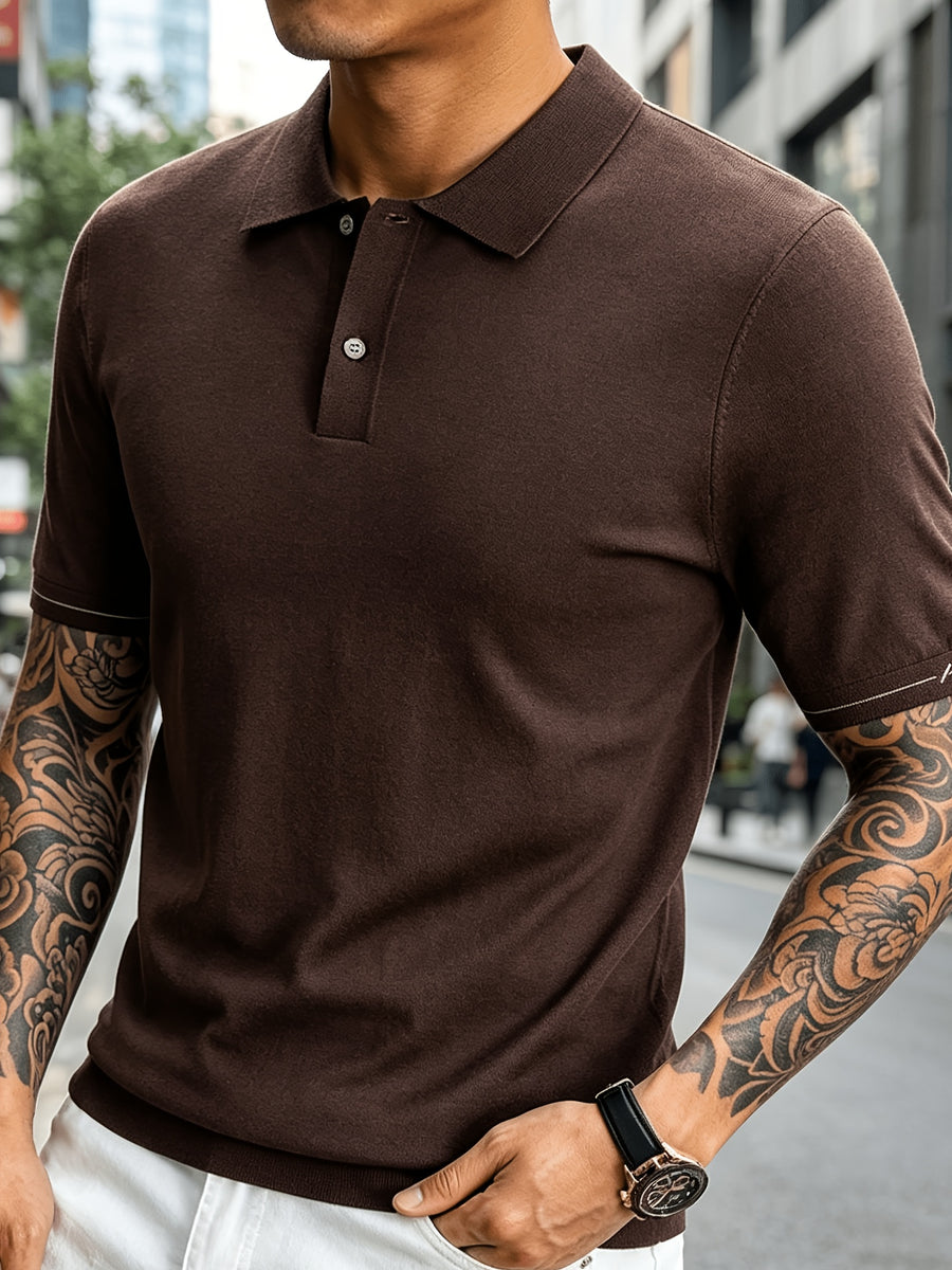 Men's Knitted Short-Sleeve Polo Shirt - Urban Street Scene Exterior Shot, Slim Fit, Lapel Collar, Two-Button, Business Casual Commuter Thin Top, Solid Color Knit Top with Embroidered Cuff Design - Laoqianka