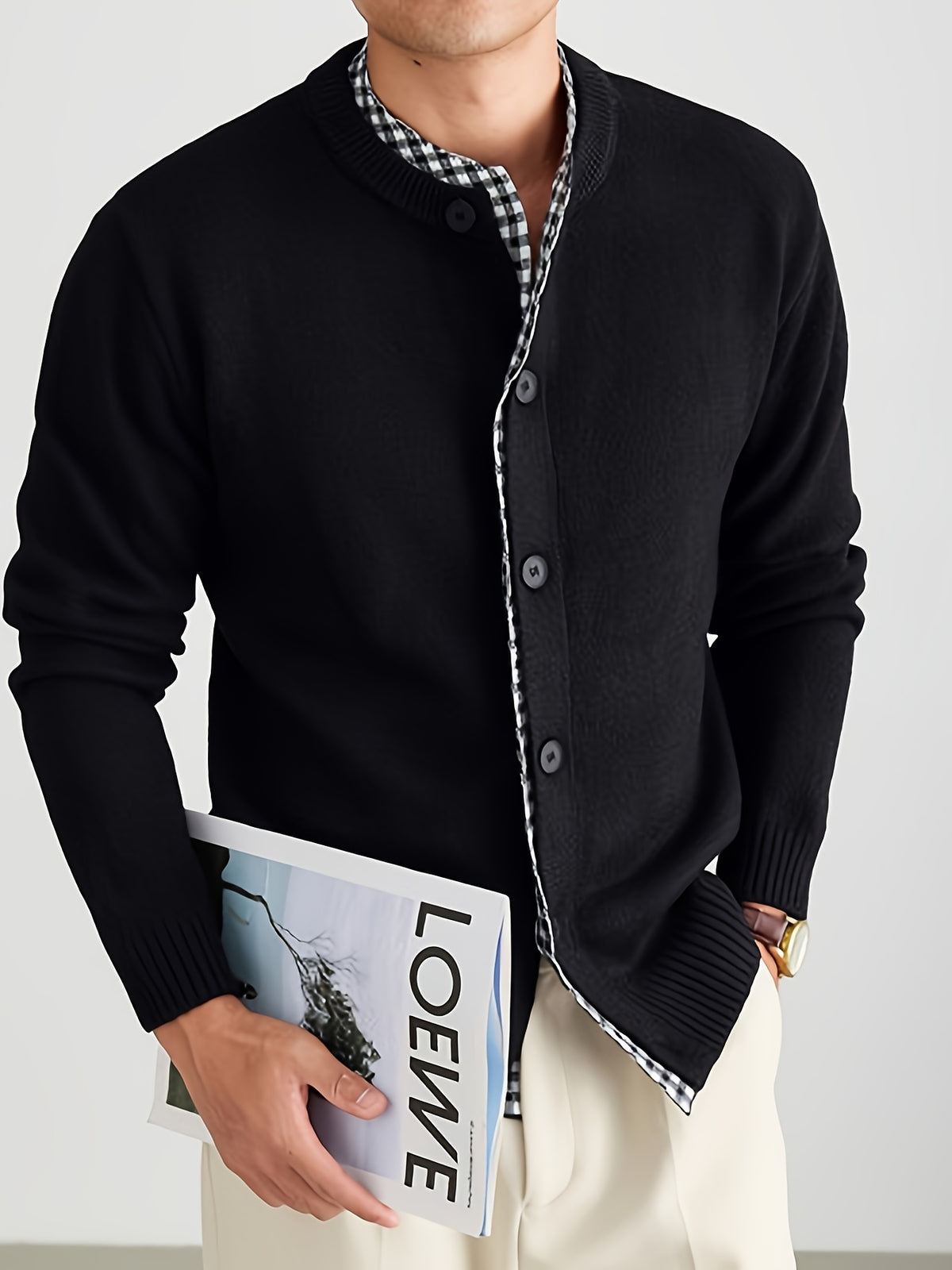 Men's Knitted Cardigan with Round Neck, Black and White Checkered Placket, 2-in-1 Look, Single-Breasted, Business Casual, Spring/Autumn Regular Fit for Daily Commuting - Black