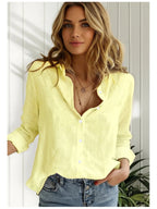 Women's New Spring, Autumn, and Winter Style 100% Long-Sleeve Shirt, Simple Open-Front Lapel Collar Comfortable Shirt, Fashionable, Elegant, and Versatile Solid Color Open-Front Long-Sleeve Top, Suitable for All Seasons, for Women's Daily, Casual - Bright Yellow