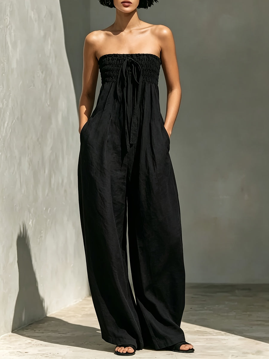 French-Style Lazy Tie-Up Tube Top Wrap Jumpsuit, Strapless Jumpsuit, Casual Romantic Charm, Simple Temperament, and Figure-Flattering, Casual Wide-Leg Long Pants Jumpsuit - Black