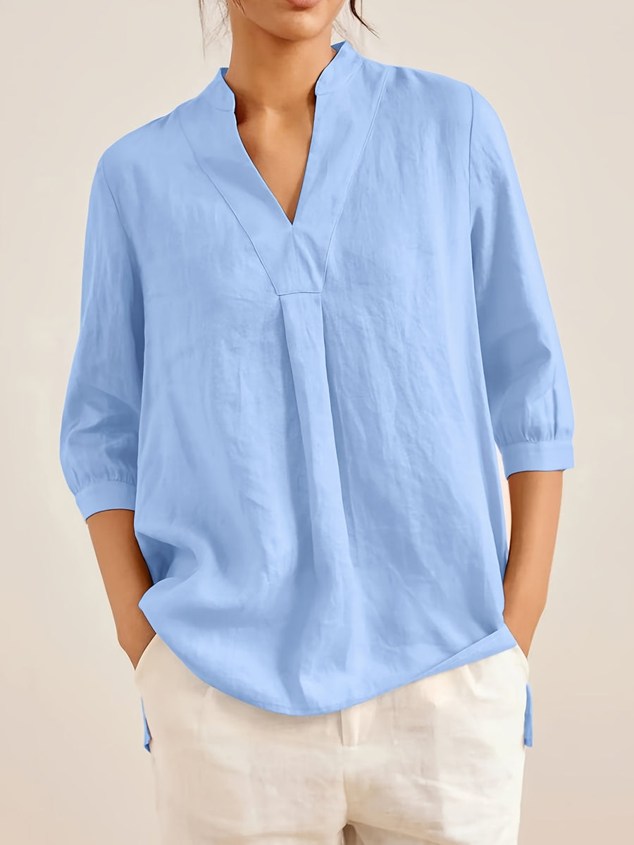 Loose-fitting Small Stand-up Collar Three-quarter Sleeve Pullover Top - Bright Steel Blue