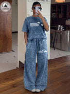 Women's Casual 2pcs Set: Washed Leaf Stripe Print Short Sleeve T-Shirt + Elastic Waist Wide-Leg Pants, Loose Fit Casual Sportswear Set, Street Style Daily Outfit - Navy Color