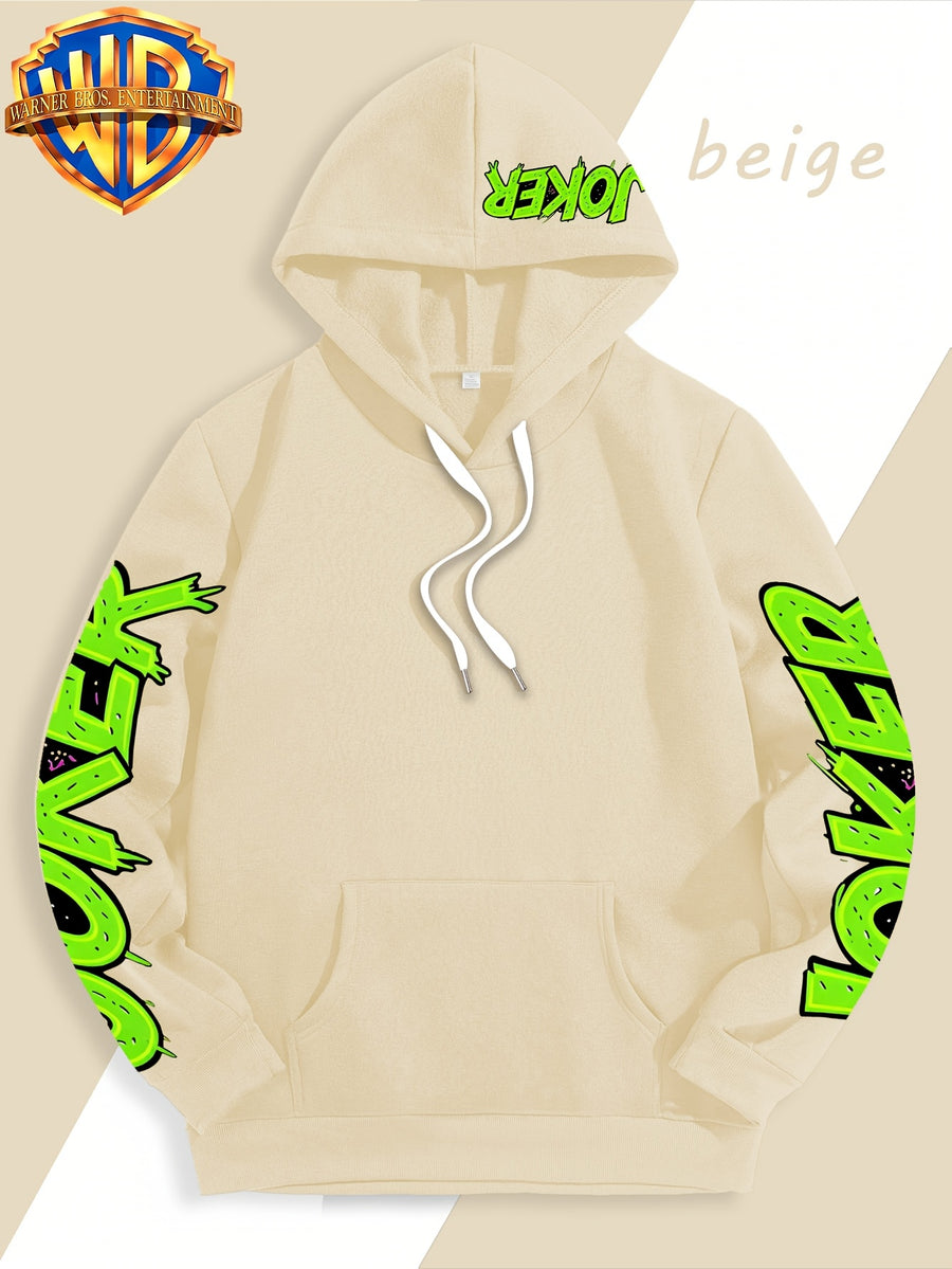 Authorized by Warner Bros., Featuring Colorful Graffiti And Ink Splattered Joker JOKER Poker Prints, Hat Design Patterns, Versatile Street Style Men'S Hooded Sweatshirt, Comfortable And Casual, Suitable for Autumn And Winter Wear - Apricot