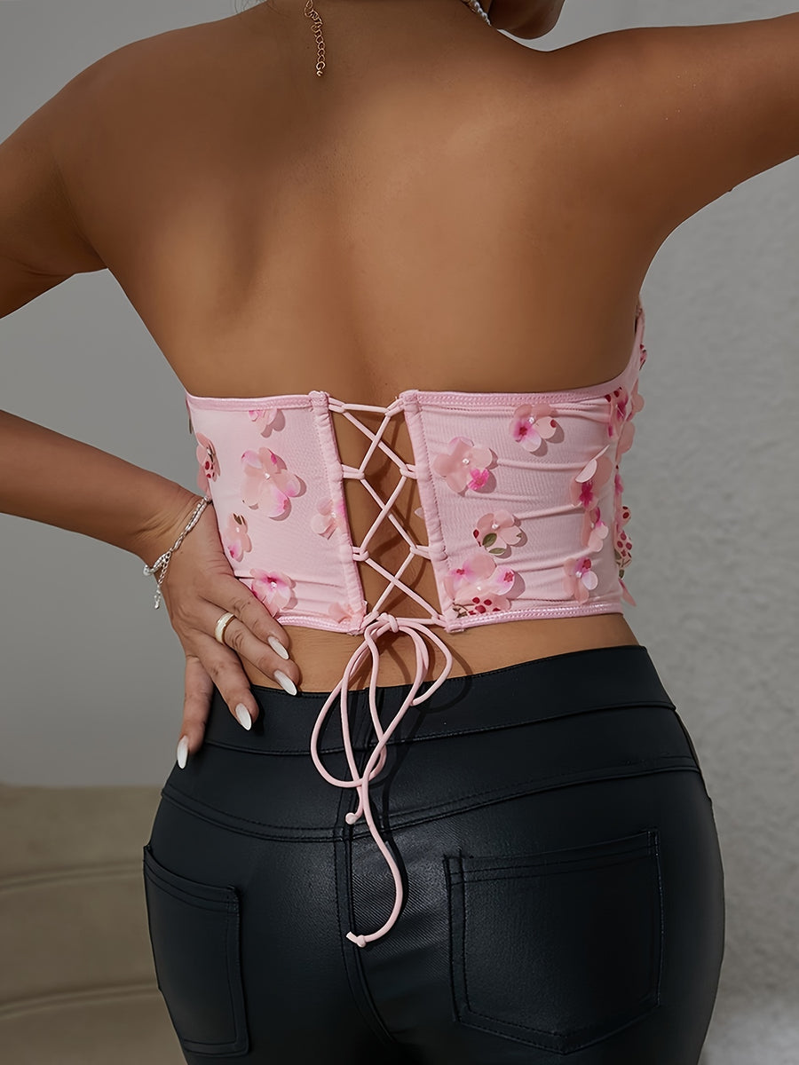 Summer New Arrival Sweet Style 3D Cutout Decorated Underwire Crisscross Lace-Up Fishbone Ins Hot Bralette A1535 - Pink