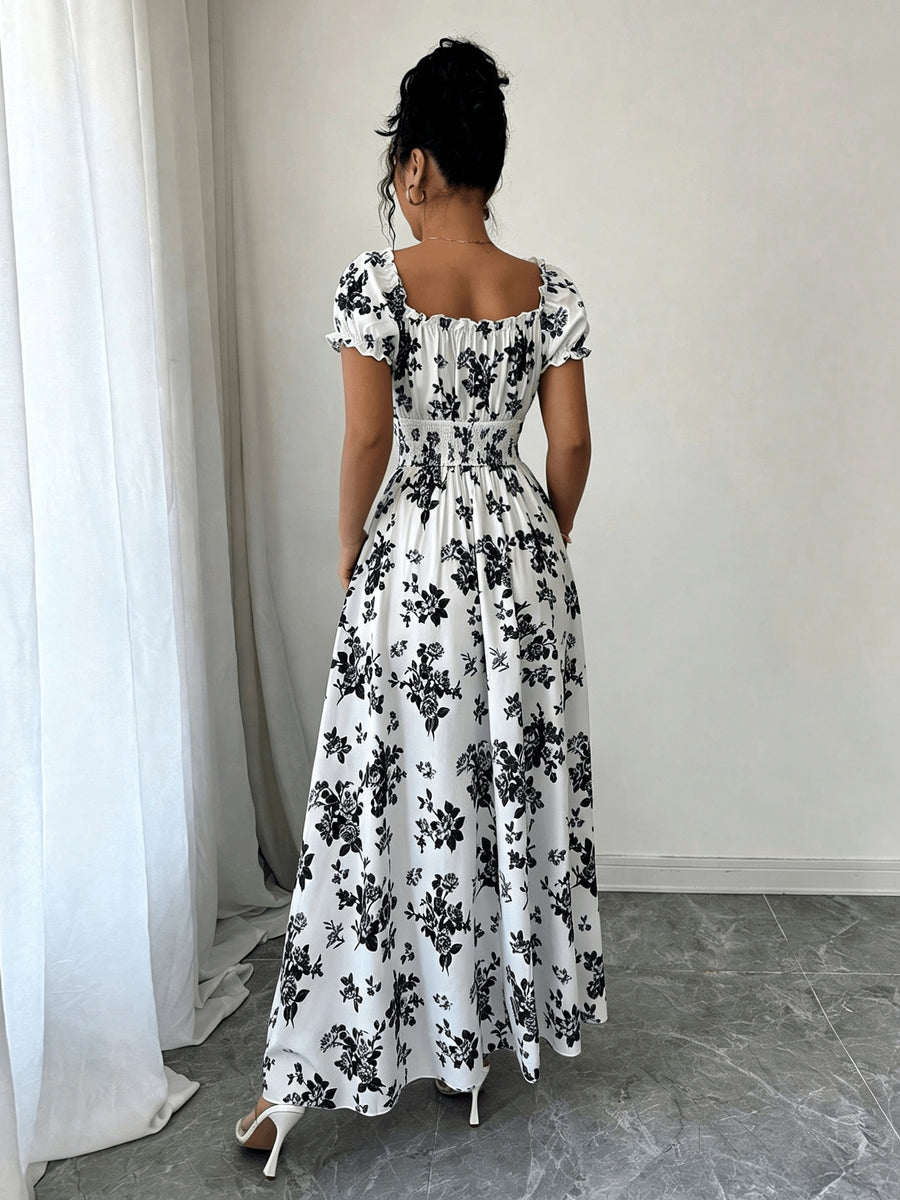 V-neck Ruffle Design, Floral Print Fabric, Elastic Waist Slim-Fit Short Sleeve Women's Dress, Elegant Party Wear, Date Night - Black Flowers