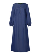 Women Street Style Oversized Muslim Kaftan Long Sleeve Round Neck Button-Up Shirt Dress Solid Color Daily Holiday Casual Loose Thin Maxi Dress Long Dresses - Navy Color