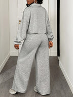 Women's Solid Color Long Sleeve Zip-Up Top and Wide Leg Pants Casual 2pcs Set, Daily Casual Sportswear Outfit - Light Grey