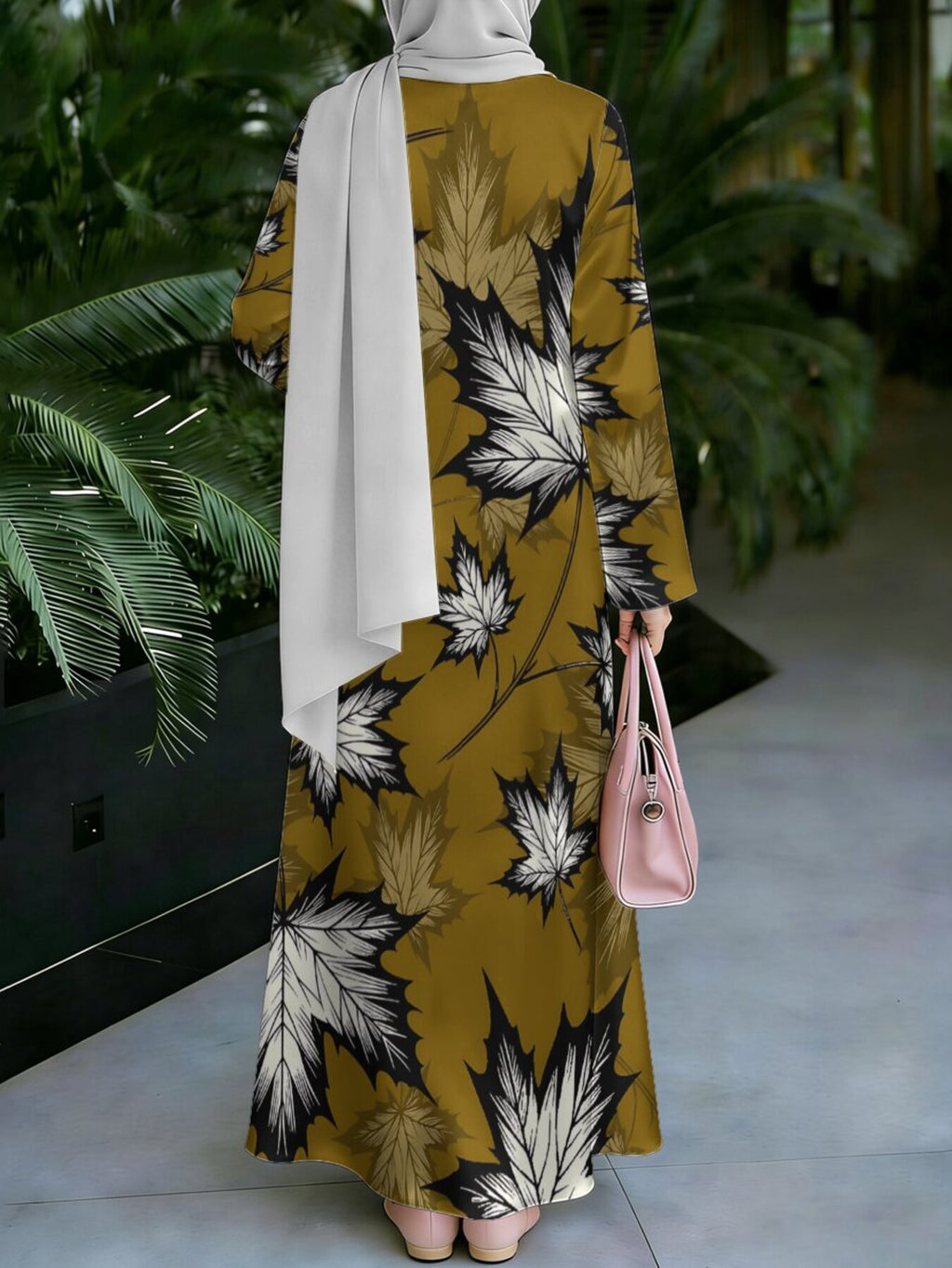 Women's Middle Eastern Style Muslim Elegant Robe, Earthy Yellow Base with Full Maple Leaf Print, Loose Long Sleeves with Flowing Flared Hem, Suitable for Shopping, Prayer, and Festive Occasions, Comfortable Fabric Without Embroidery, Vintage-Inspired - Mixed colors
