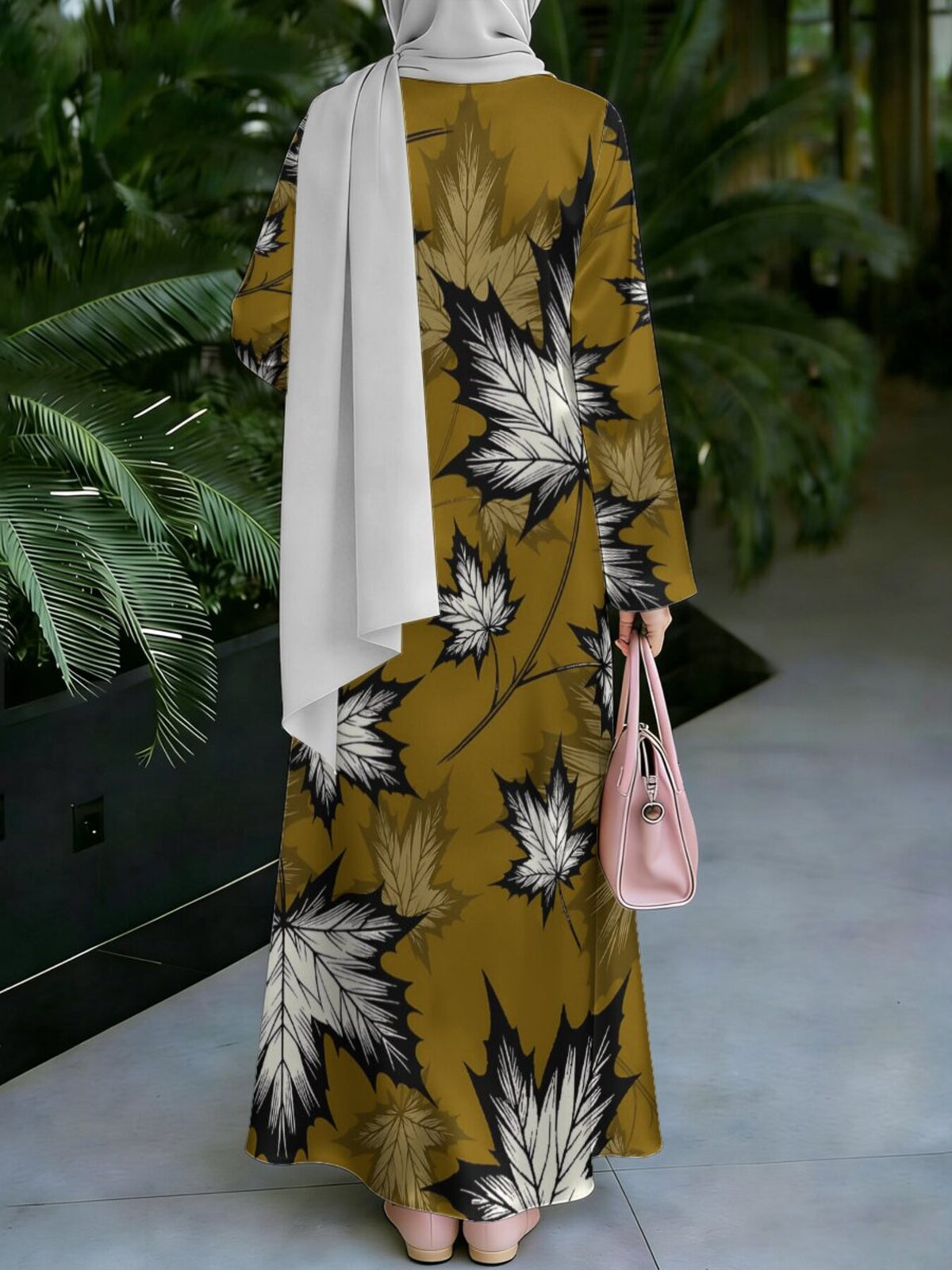 Women's Middle Eastern Style Muslim Elegant Robe, Earthy Yellow Base with Full Maple Leaf Print, Loose Long Sleeves with Flowing Flared Hem, Suitable for Shopping, Prayer, and Festive Occasions, Comfortable Fabric Without Embroidery, Vintage-Inspired - Mixed colors
