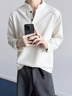 Men'S Korean Style Clean Texture Stand Collar Long Sleeve T-Shirt, Soft And Breathable Drop Shoulder Solid Color Casual Pullover, Suitable for Spring/Autumn Campus Shopping Short Trips - White