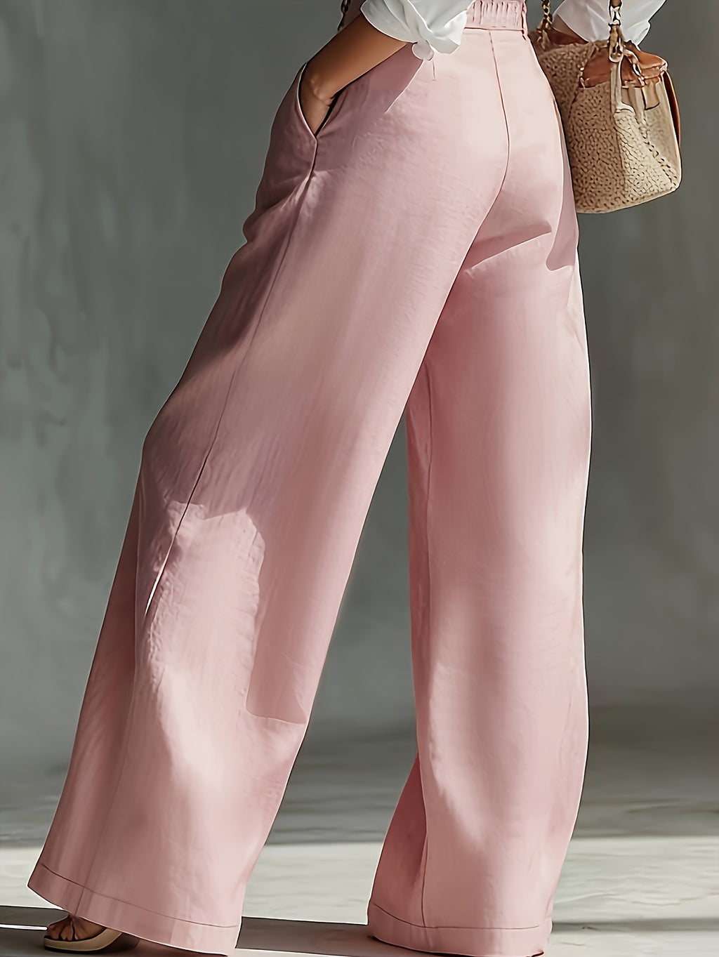 Spring and Autumn High-Waist Pleated Suspender Pants, Vintage Temperament Commuter Casual Trousers - Pink Color