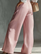 Spring and Autumn High-Waist Pleated Suspender Pants, Vintage Temperament Commuter Casual Trousers - Pink Color