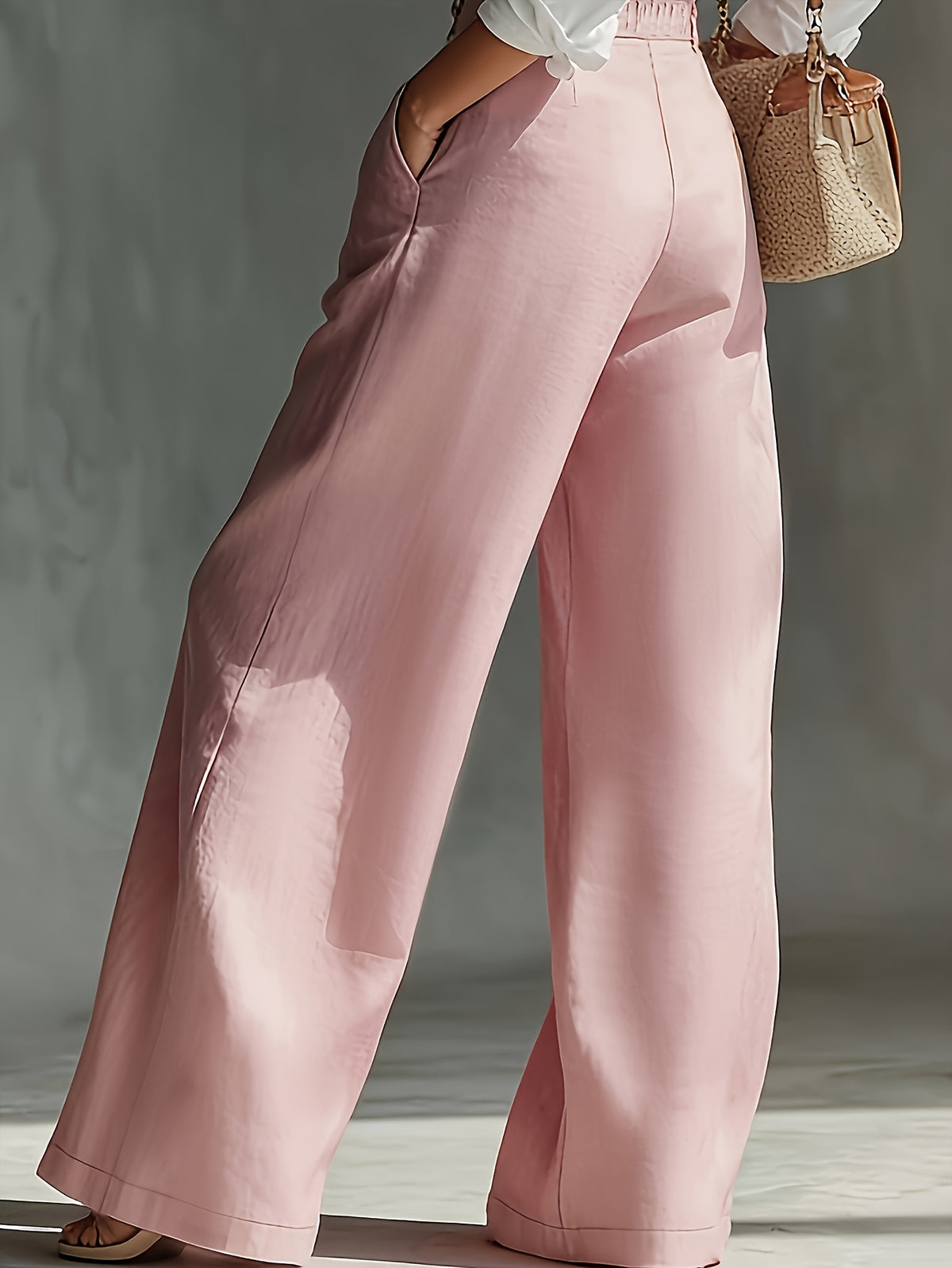 Spring and Autumn High-Waist Pleated Suspender Pants, Vintage Temperament Commuter Casual Trousers - Pink Color