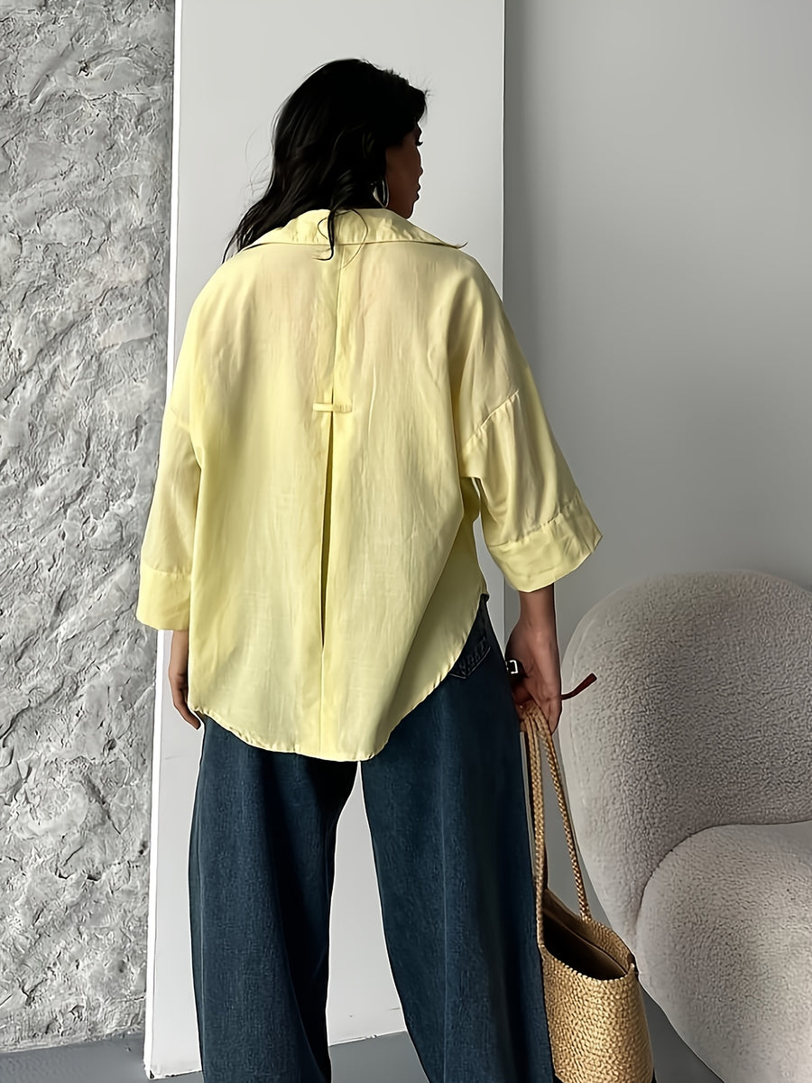 Fashion Spring Summer Women'S Off-Shoulder Puff Sleeve Button-Up Elegant Loose Shirt Lapel - Lemon Yellow