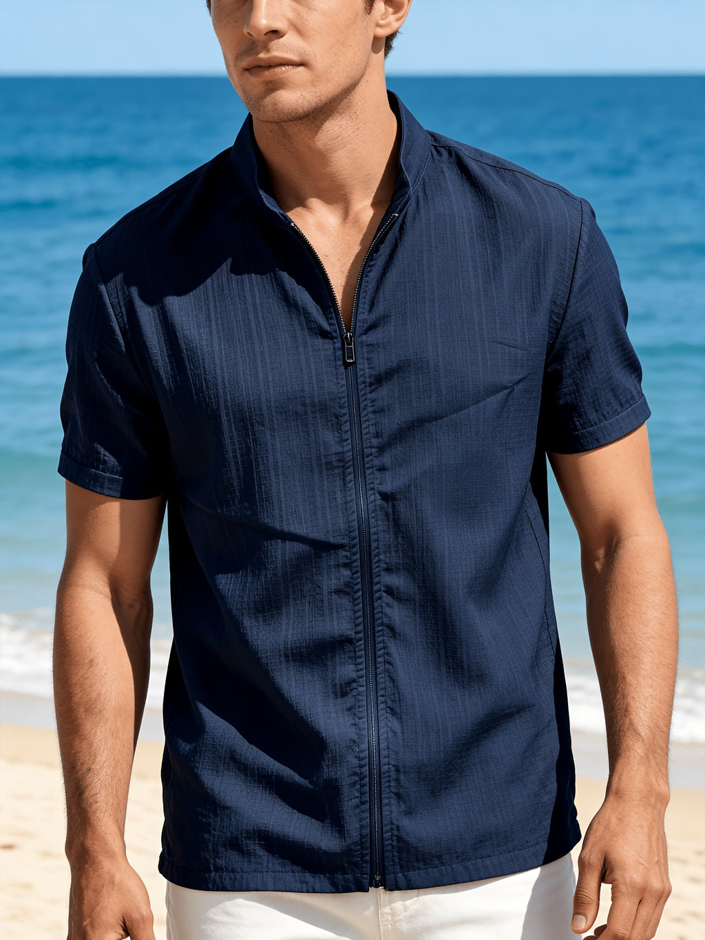 [Qiaoximei OBM] 2pcs Set, Latest Men'S Short-Sleeve Zip-Up Cardigan, Street Beach Comfortable Casual Outdoor, with Stand-Up Collar Design, Suitable for Beach Vacations, Pool Parties, And Daily Casual Wear, Men'S Top, Short-Sleeve Zip-Up Cardigan - Black+Navy Blue