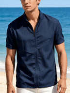 [Qiaoximei OBM] 2pcs Set, Latest Men'S Short-Sleeve Zip-Up Cardigan, Street Beach Comfortable Casual Outdoor, with Stand-Up Collar Design, Suitable for Beach Vacations, Pool Parties, And Daily Casual Wear, Men'S Top, Short-Sleeve Zip-Up Cardigan - Black+Navy Blue