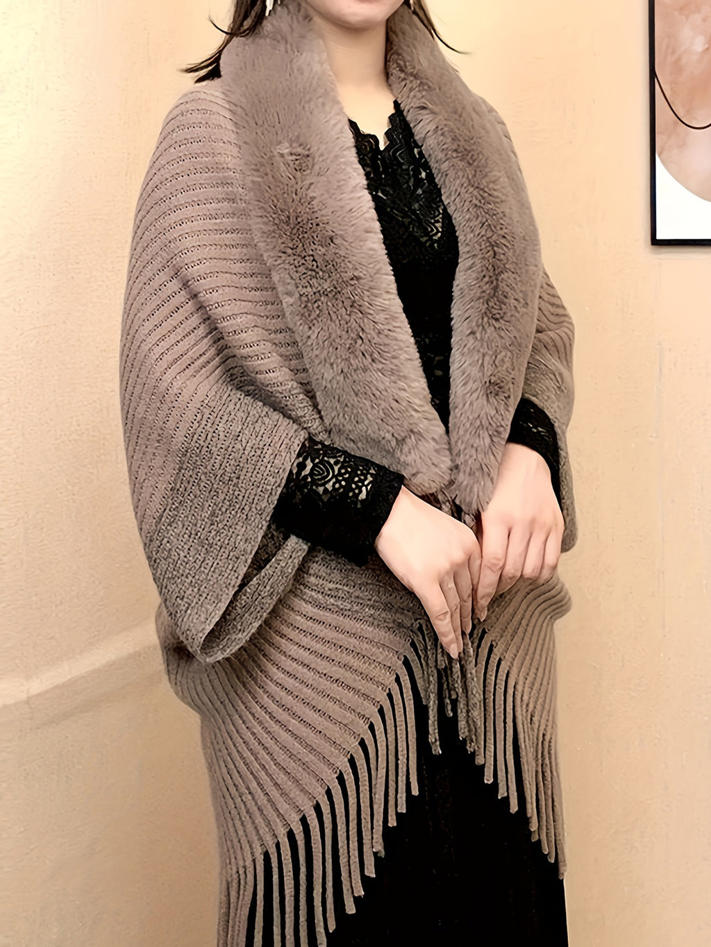 Luxurious Color-Block Faux Shawl And Soft, Comfortable Cardigan - an Elegant, Stylish Choice for Everyday Wear And Formal Gatherings - Apricot