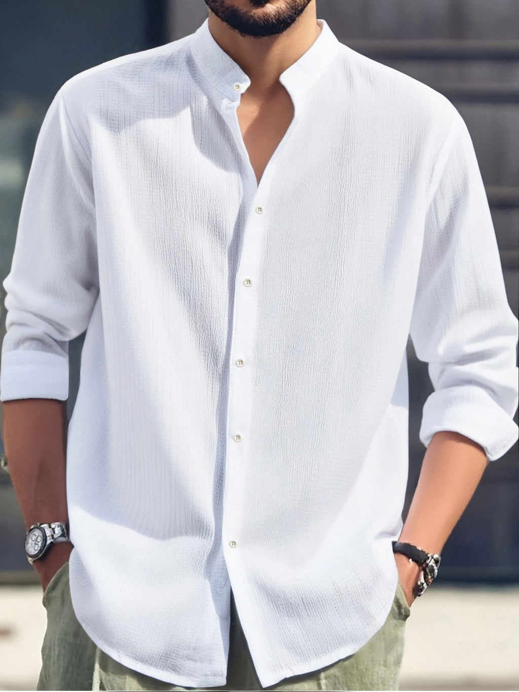 Men'S Fashion Casual Comfortable Long Sleeve Shirt - Lightweight Breathable Stand Collar Button-Up, Easy-Care Top, Machine Washable for Office And Casual Wear, Versatile Outfit for Events And Outings, Trendy Style Shirt - White