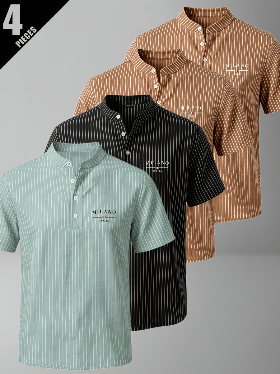 4pcs Men'S Summer Striped Linen Blend Henley Shirts, Milan Print Stand Collar Breathable Short Sleeve, Office Casual Versatile Top - Mixed Colors 20