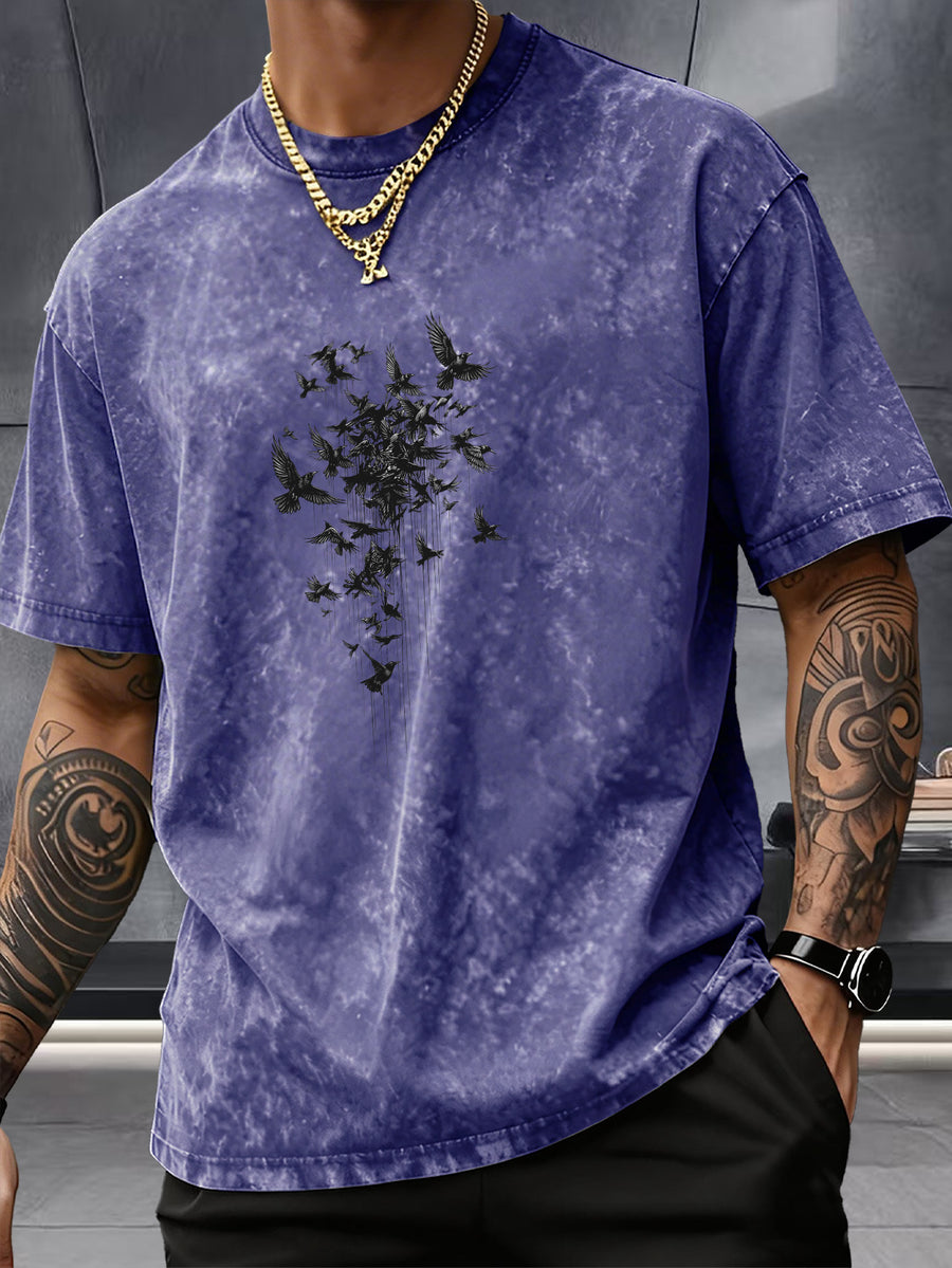 Short Sleeve Top, Pure Washed Distressed Loose Short Sleeve, Raven Flying Bird Front And Back Trendy Print Casual Match, American Street High Street Hip-Hop Couple Style, Daily Outing Commute Sports Fitness Street Style Y2K National Trend T-Shirt - Royal Blue