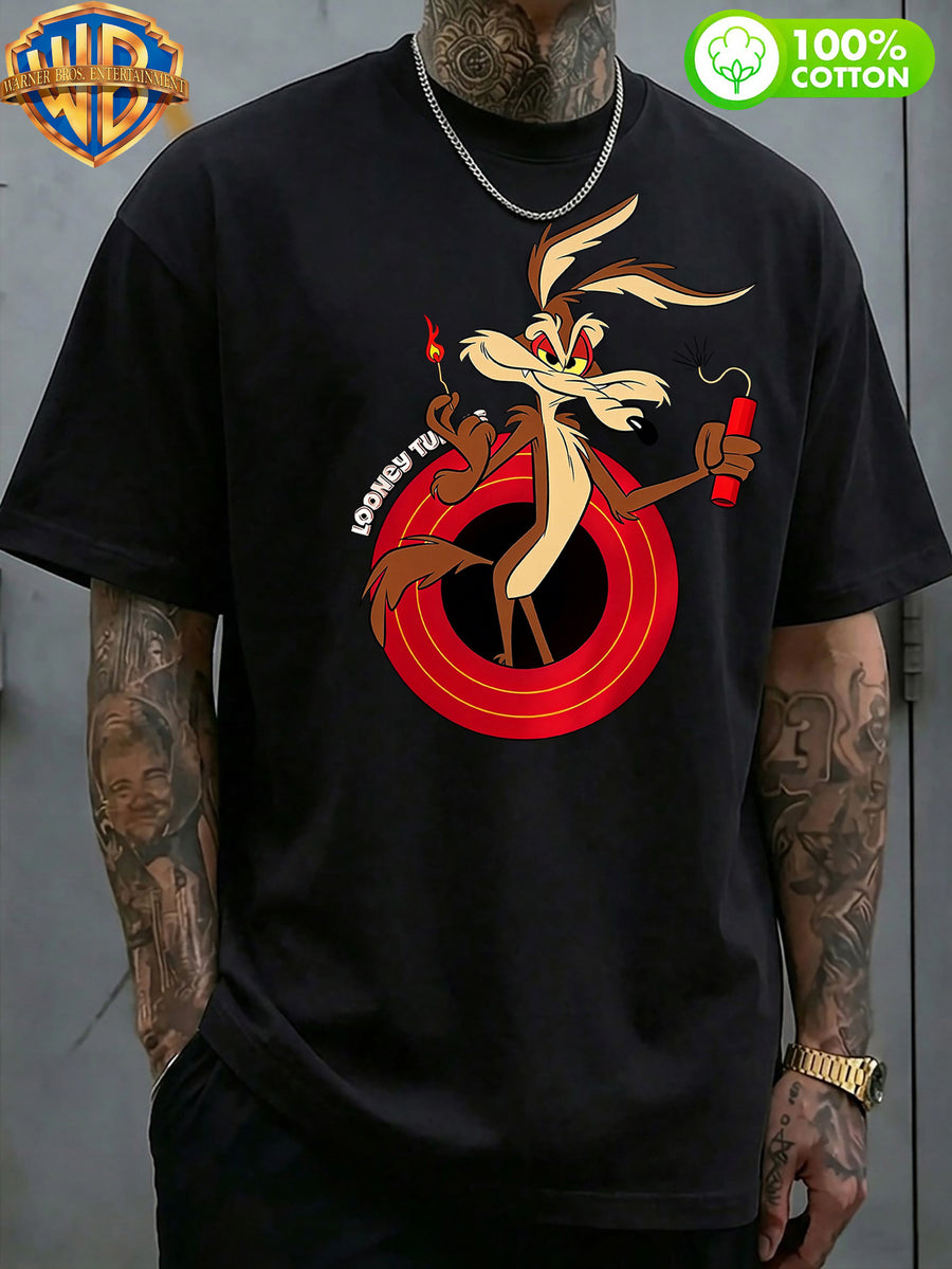 Authorized by Warner Bros., 1pc, American Retro Cartoon Contrast Sense Distorted Heart Wolf Trendy T-Shirt, Men'S 100% Casual Comfortable Versatile Loose Summer Short Sleeve T-Shirt, Double-Sided Print Front And Back, Suitable for Outdoor Wear, Gym - Black