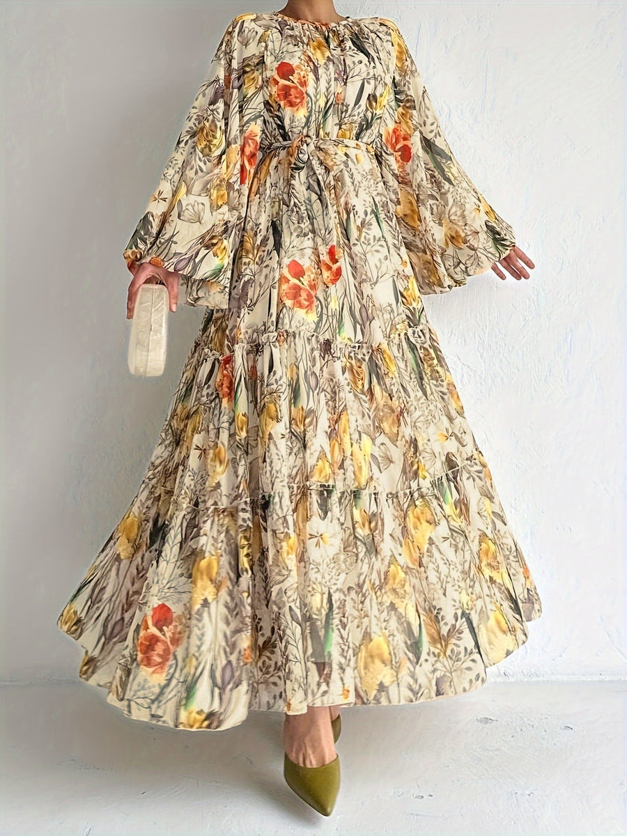 Middle Eastern Muslim Fashion Floral Print Long Dress - ginger-colored